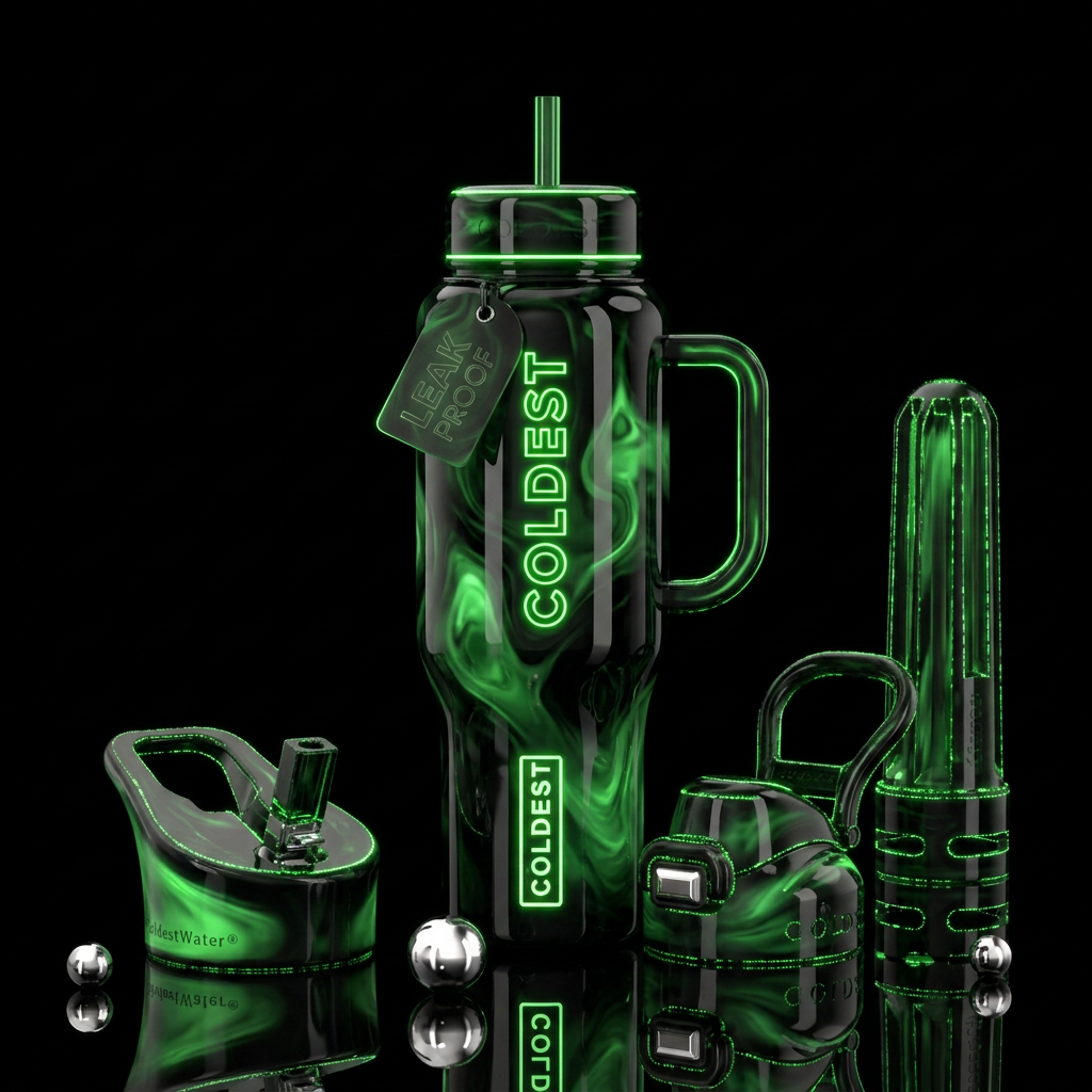 Black and green glowie, glossy, trompe-l'œil, beau... water bottle design