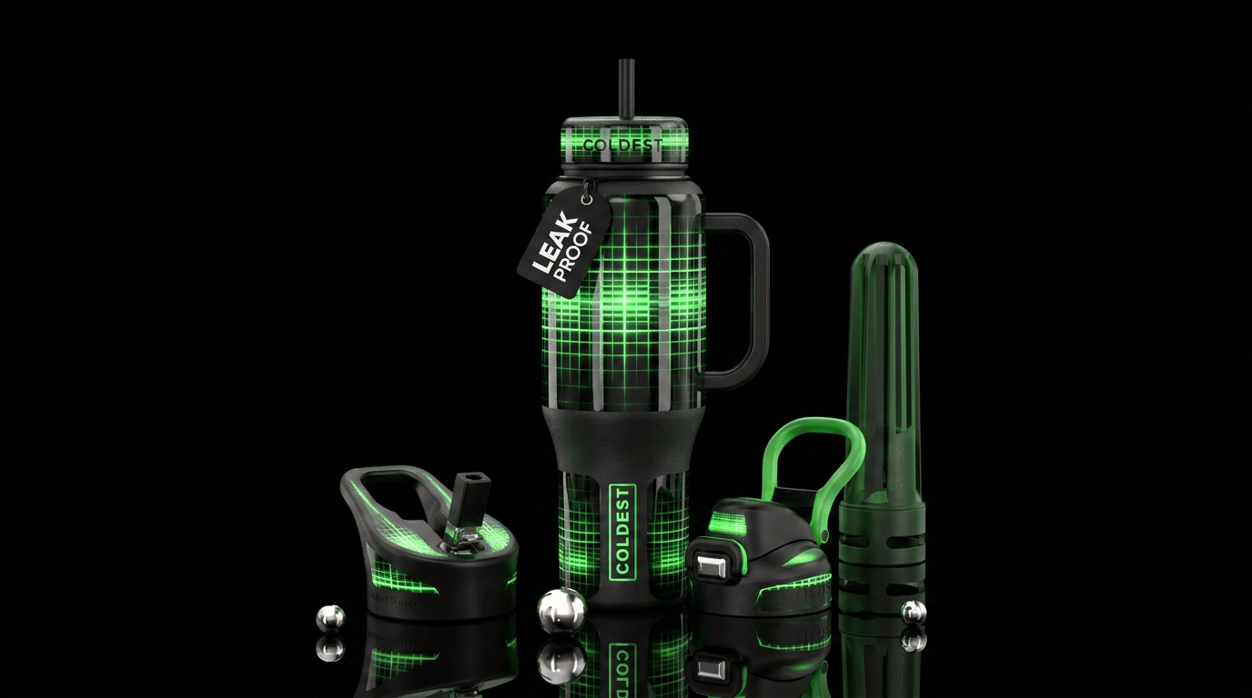Black and green glowie, glossy, trompe-l'œil, beau... water bottle design
