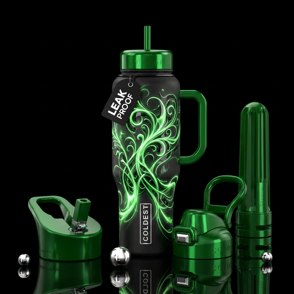 Black and green glowie, glossy, trompe-l'œil, beau... water bottle design
