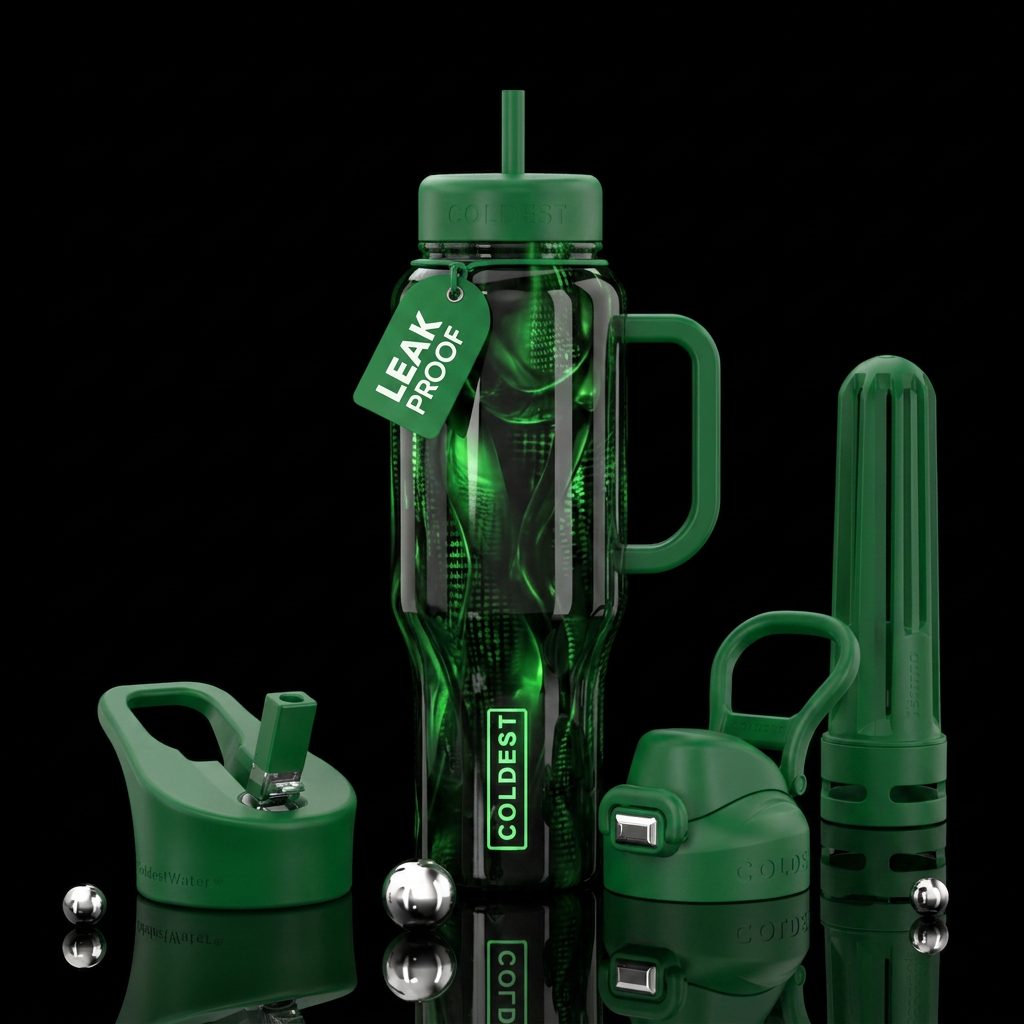 Black and green glowie, glossy, trompe-l'œil, beau... water bottle design