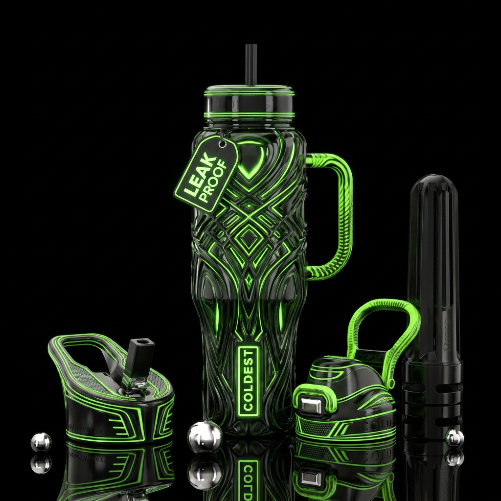 Black and green glowie, glossy, trompe-l'œil, beau... water bottle design