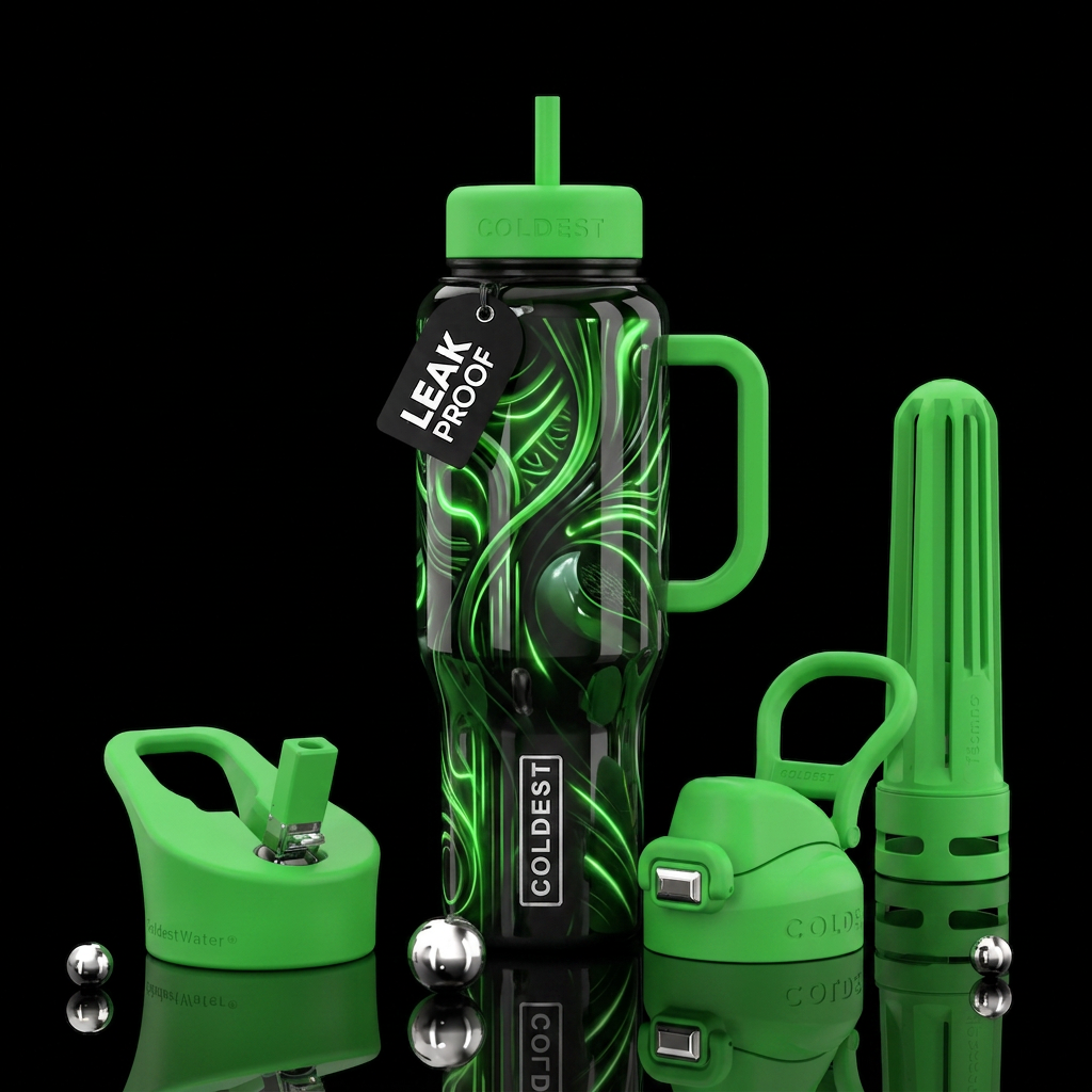 Black and green glowie, glossy, trompe-l'œil, beau... water bottle design