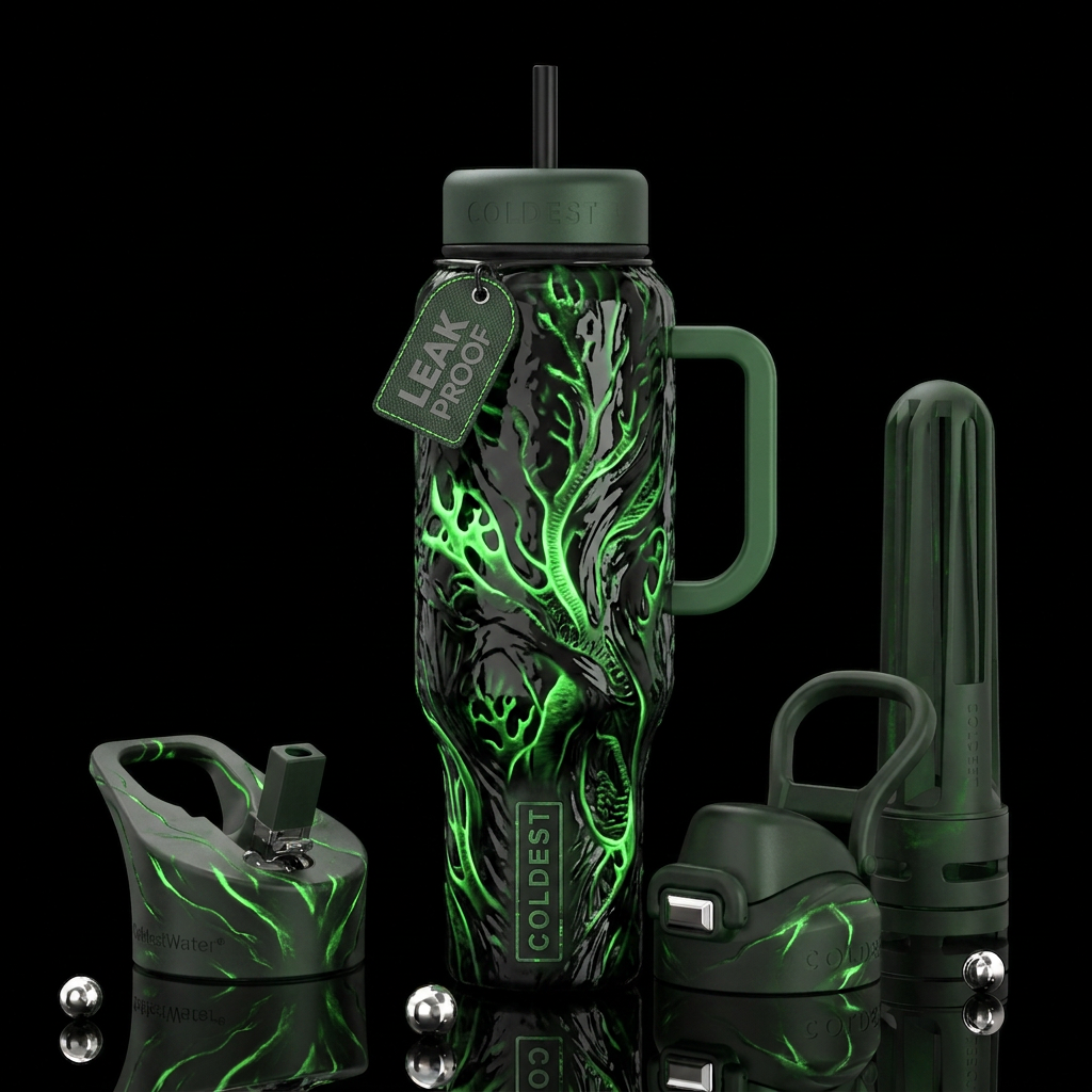 Black and green glowie, glossy, trompe-l'œil, beau... water bottle design