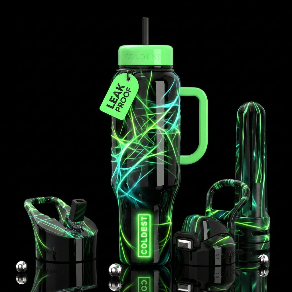Black and green glowie, glossy, trompe-l'œil, beau... water bottle design