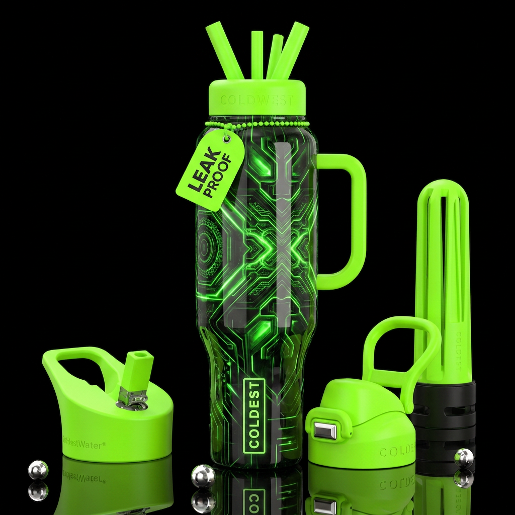 Black and green glowie, glossy, trompe-l'œil, beau... water bottle design