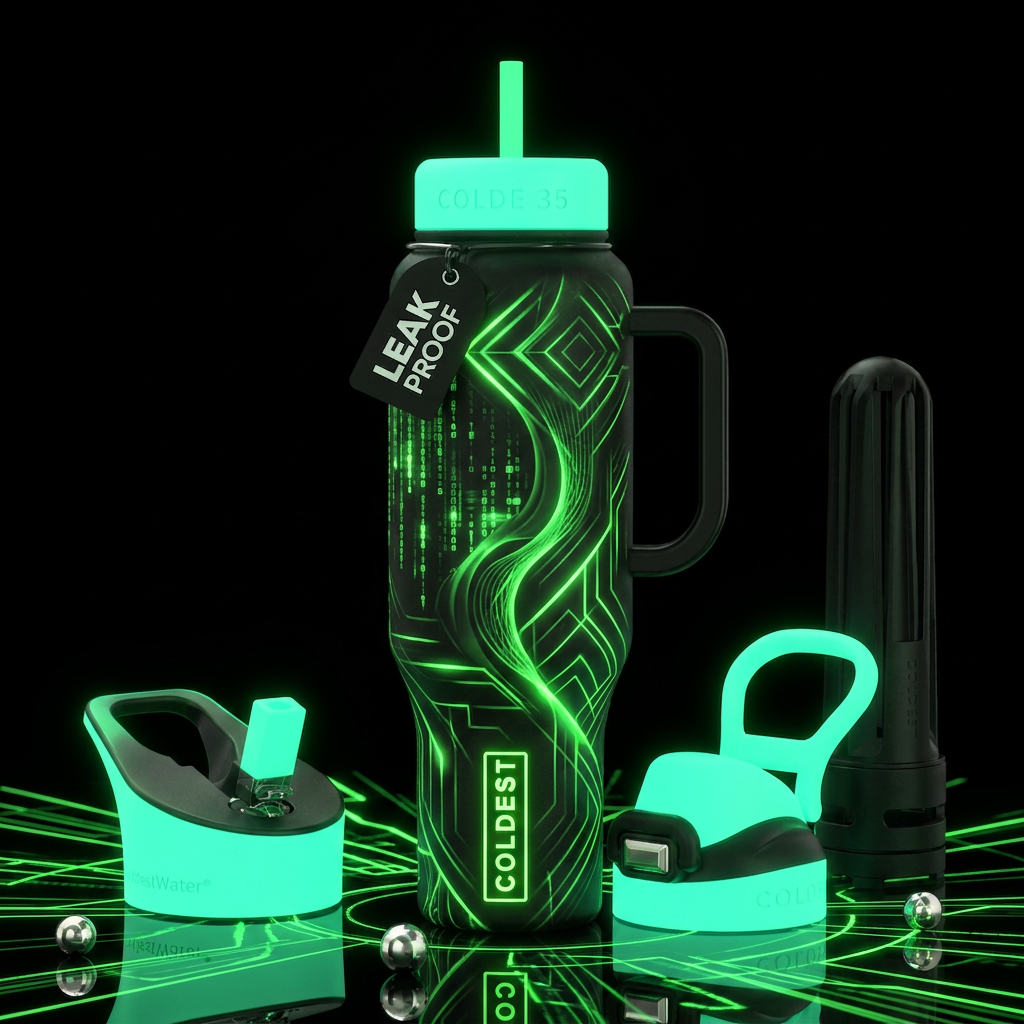 Black and green glowie, glossy, trompe-l'œil, beau... water bottle design