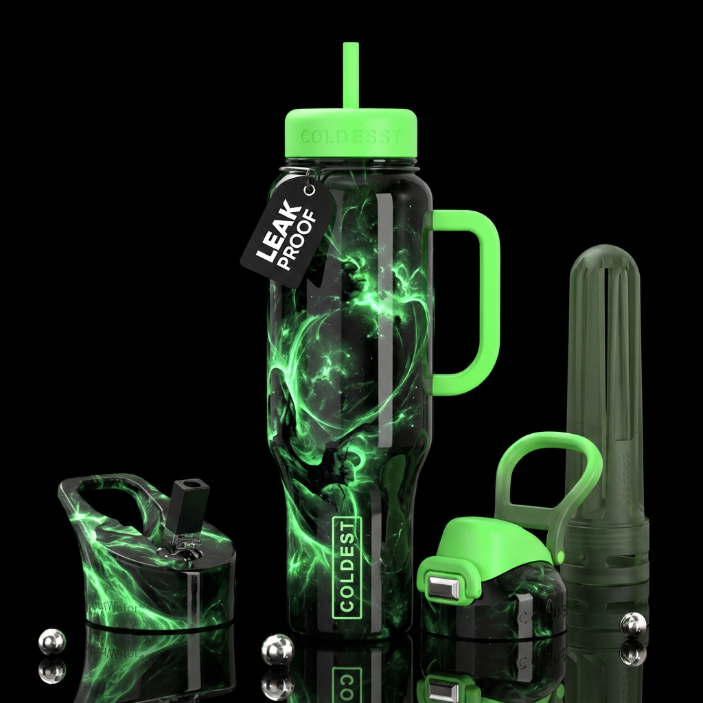 Black and green glowie, glossy, trompe-l'œil, beau... water bottle design