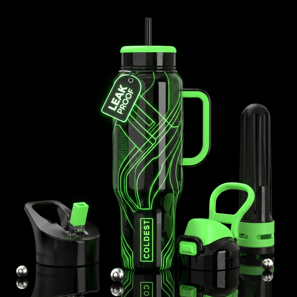 Black and green glowie, glossy, trompe-l'œil, beau... water bottle design