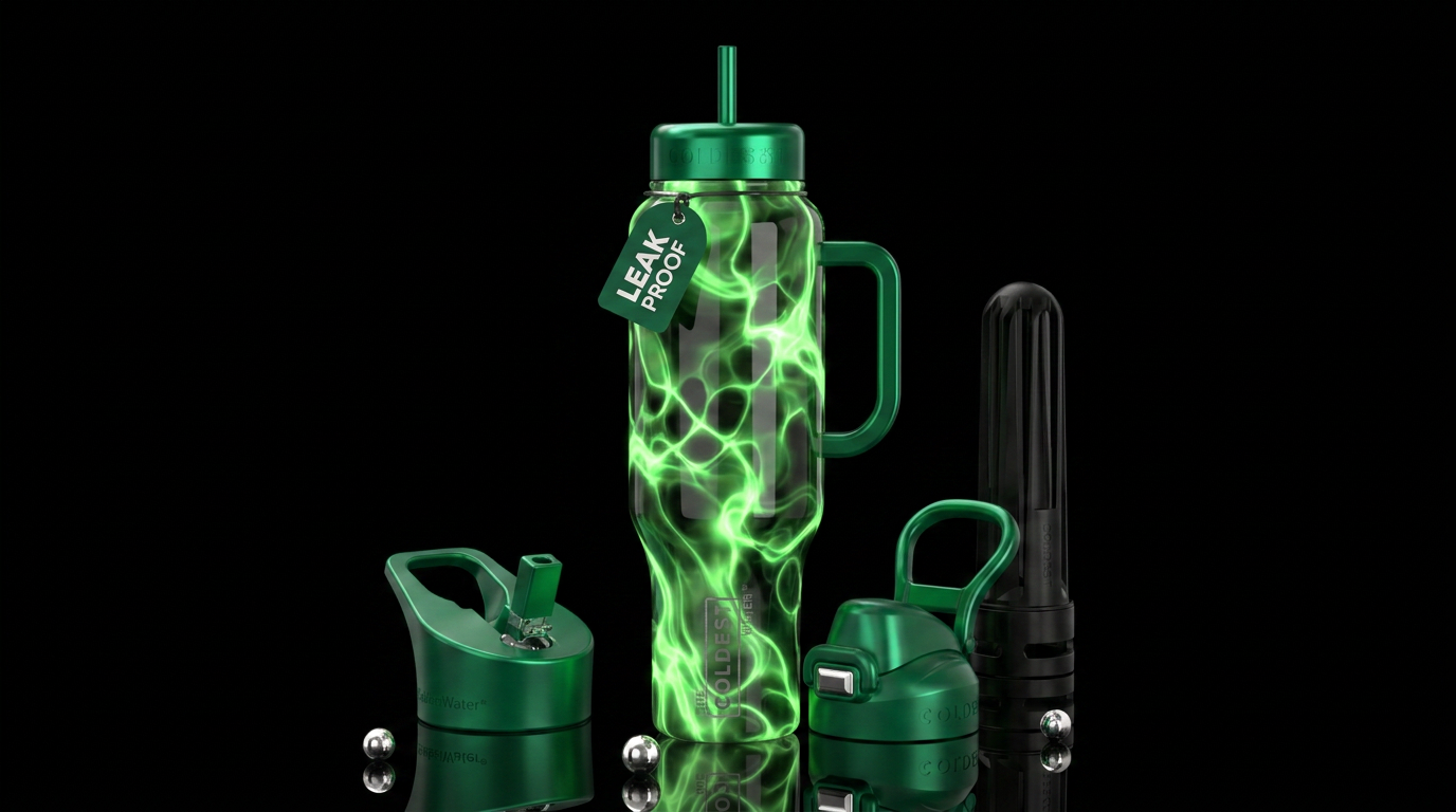 Black and green glowie, glossy, trompe-l'œil, beau... water bottle design