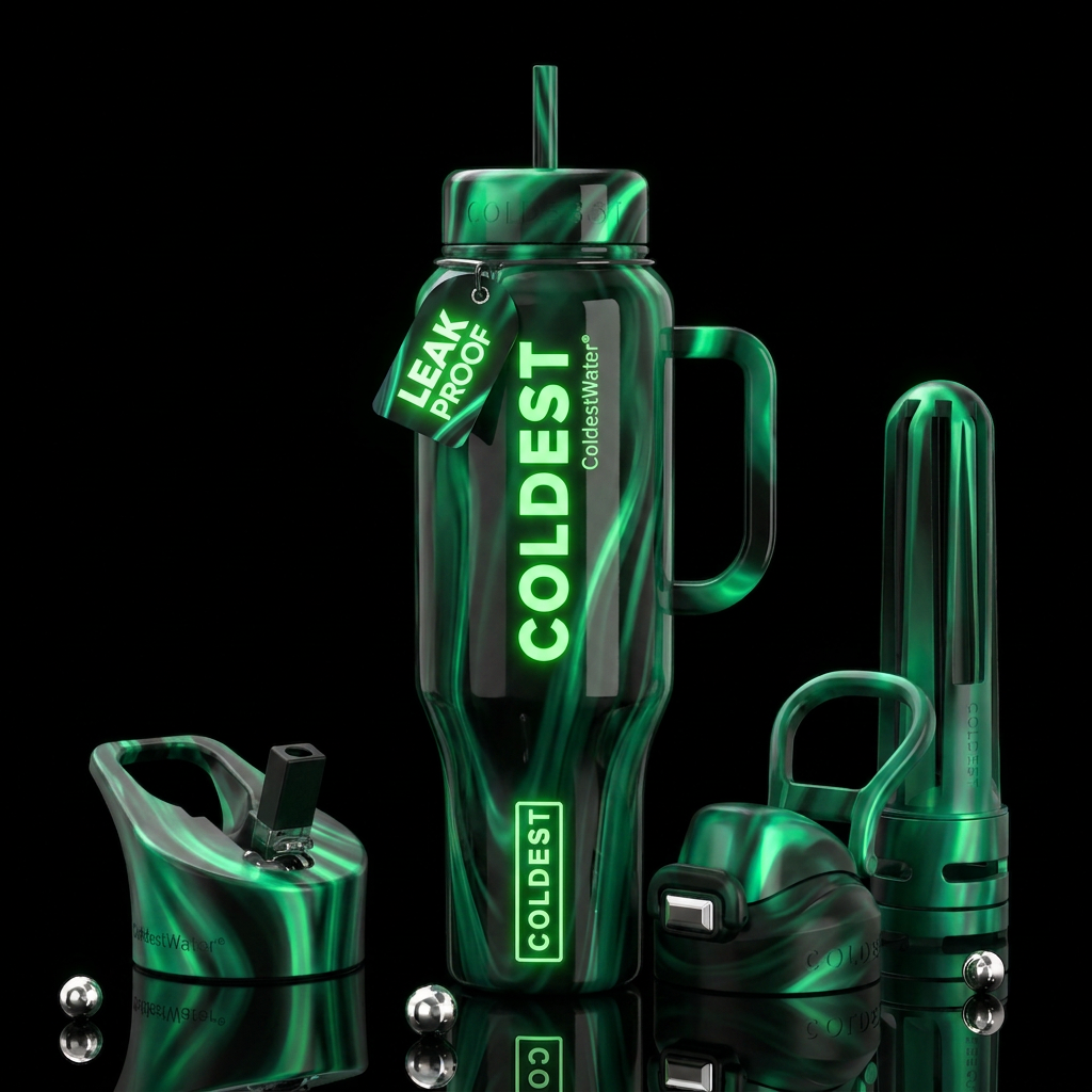 Black and green glowie, glossy, trompe-l'œil, beau... water bottle design