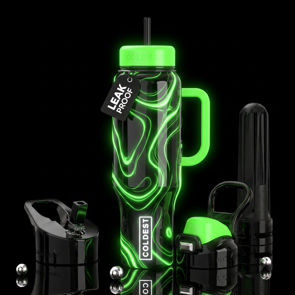 Black and green glowie, glossy, trompe-l'œil, beau... water bottle design