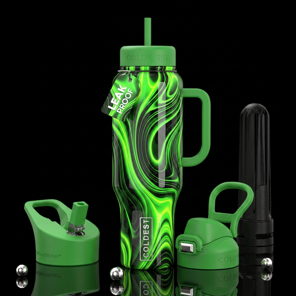 Black and green glowie, glossy, trompe-l'œil, beau... water bottle design