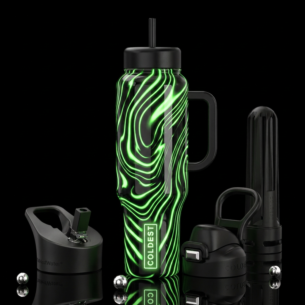 Black and green glowie striped, glossy, trompe-l'œ... water bottle design