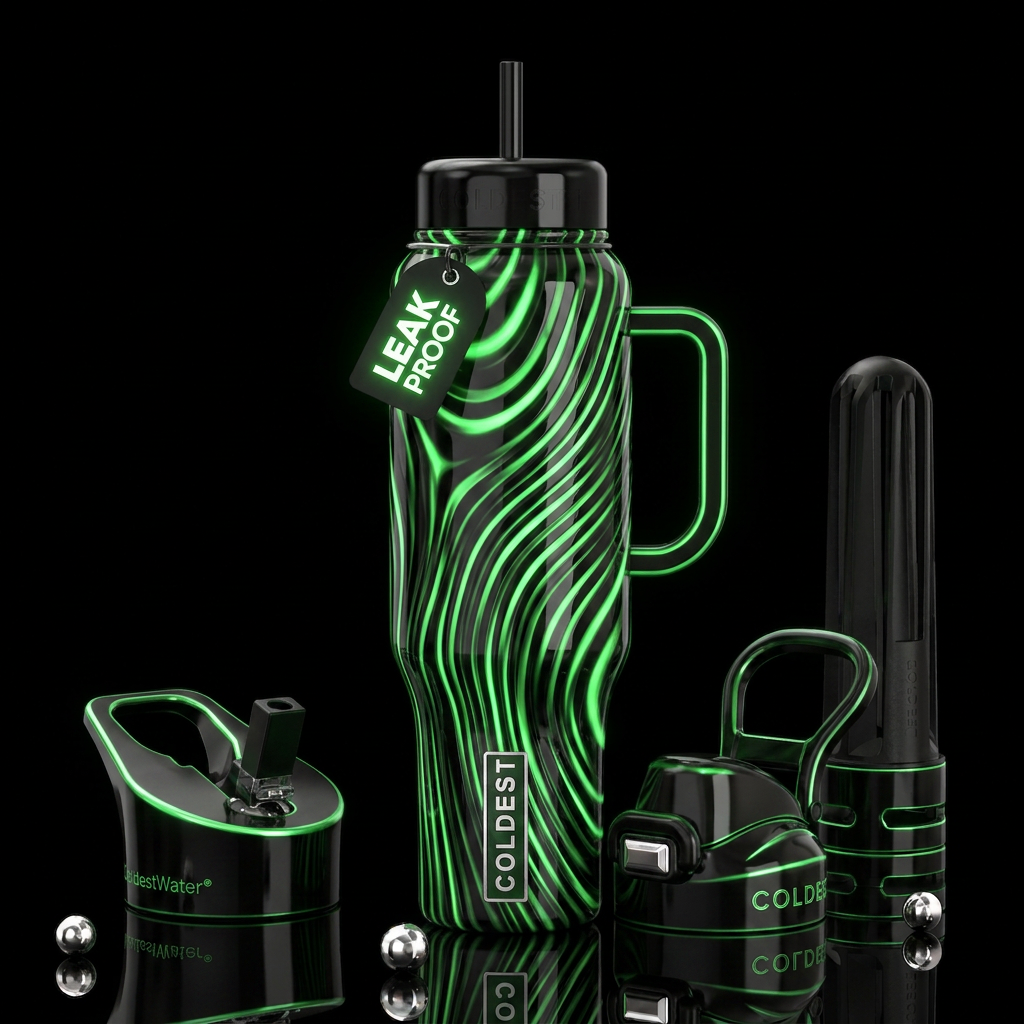 Black and green glowie striped, glossy, trompe-l'œ... water bottle design
