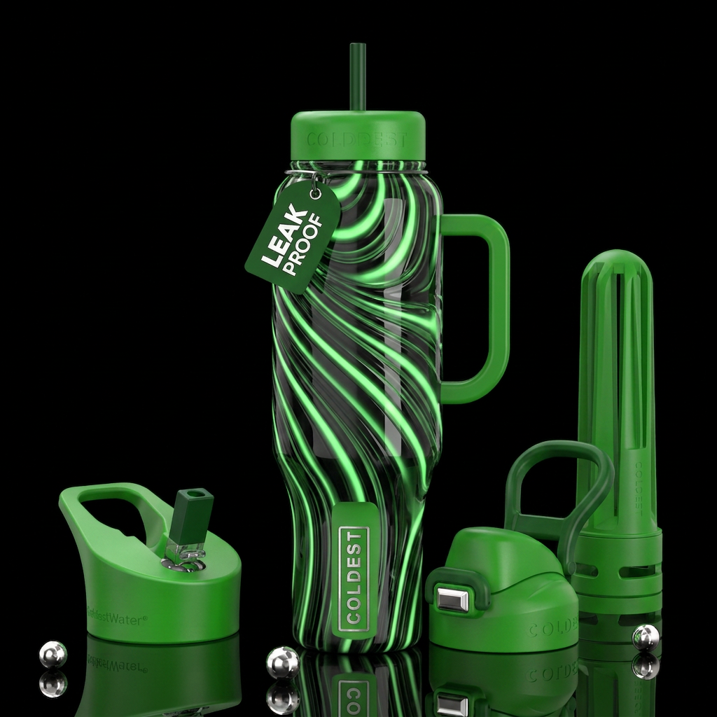 Black and green glowie striped, glossy, trompe-l'œ... water bottle design