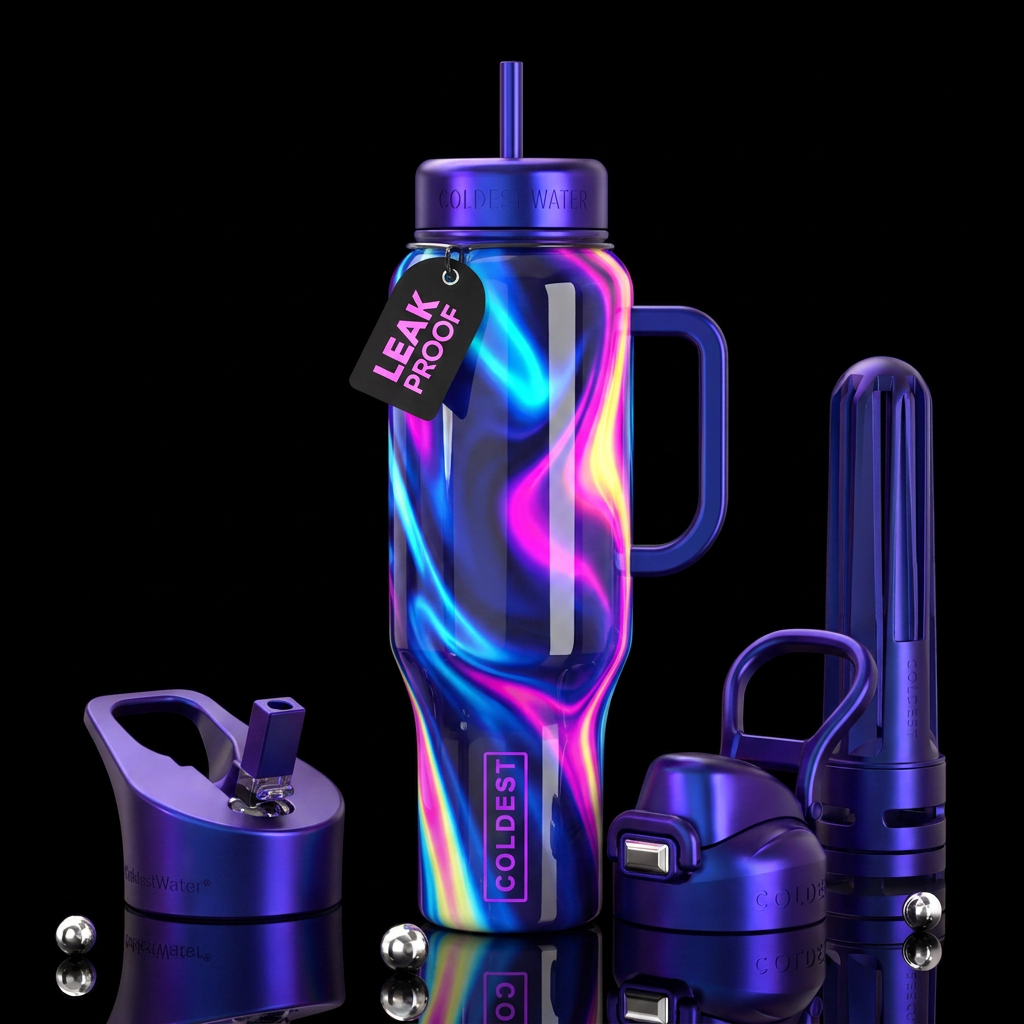 , glossy, trompe-l'œil, beautiferous, neon, dreamy... water bottle design