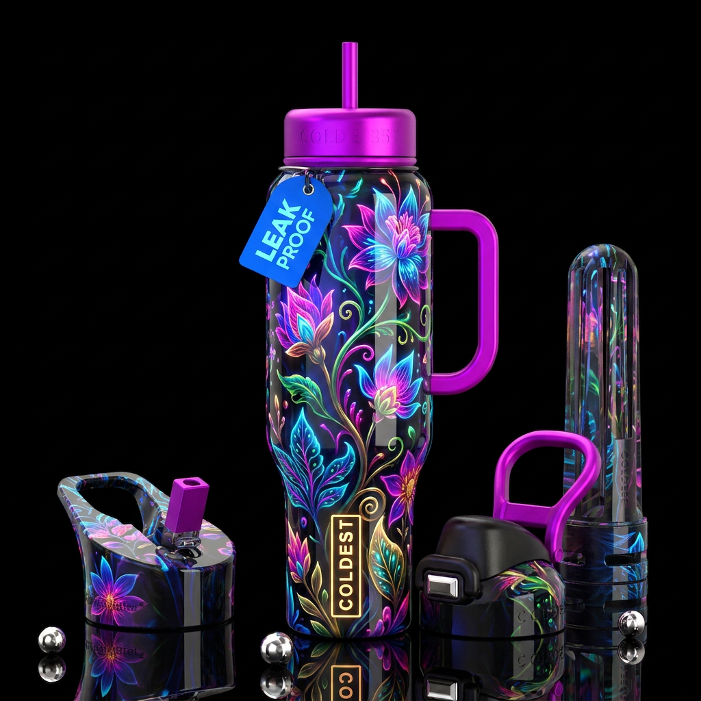 , glossy, trompe-l'œil, beautiferous, ,neon garden... water bottle design