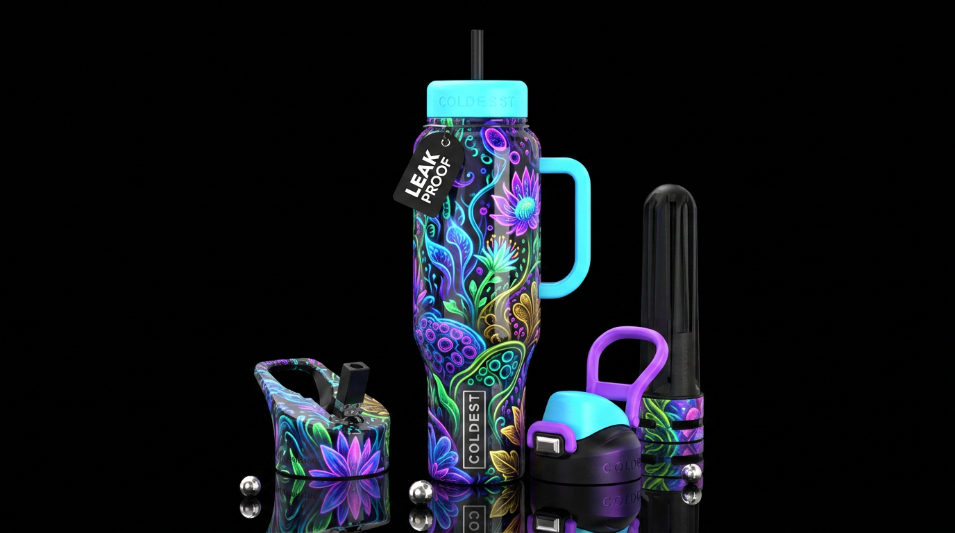 , glossy, trompe-l'œil, beautiferous, ,neon garden... water bottle design