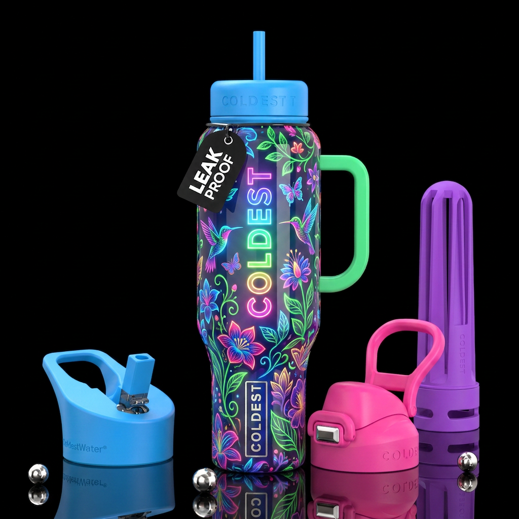 , glossy, trompe-l'œil, beautiferous, ,neon garden... water bottle design