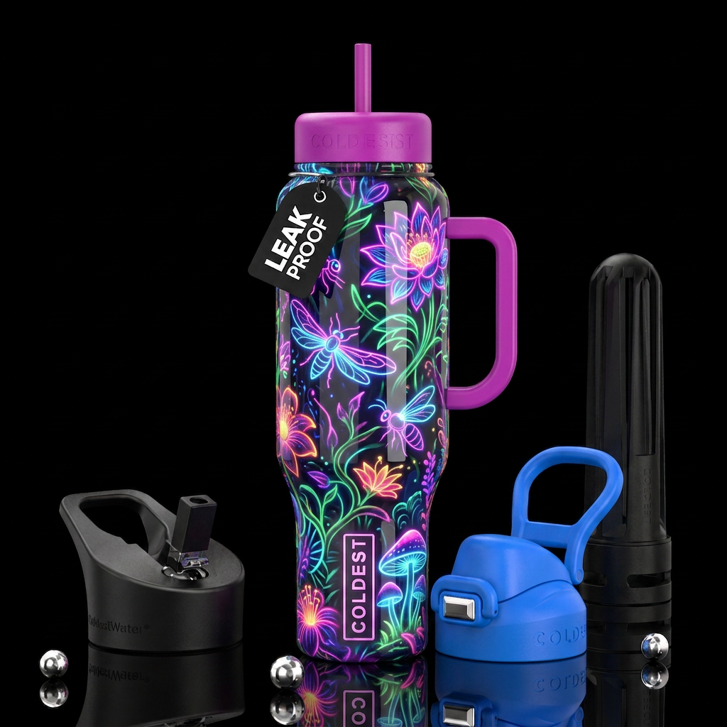 , glossy, trompe-l'œil, beautiferous, ,neon garden... water bottle design