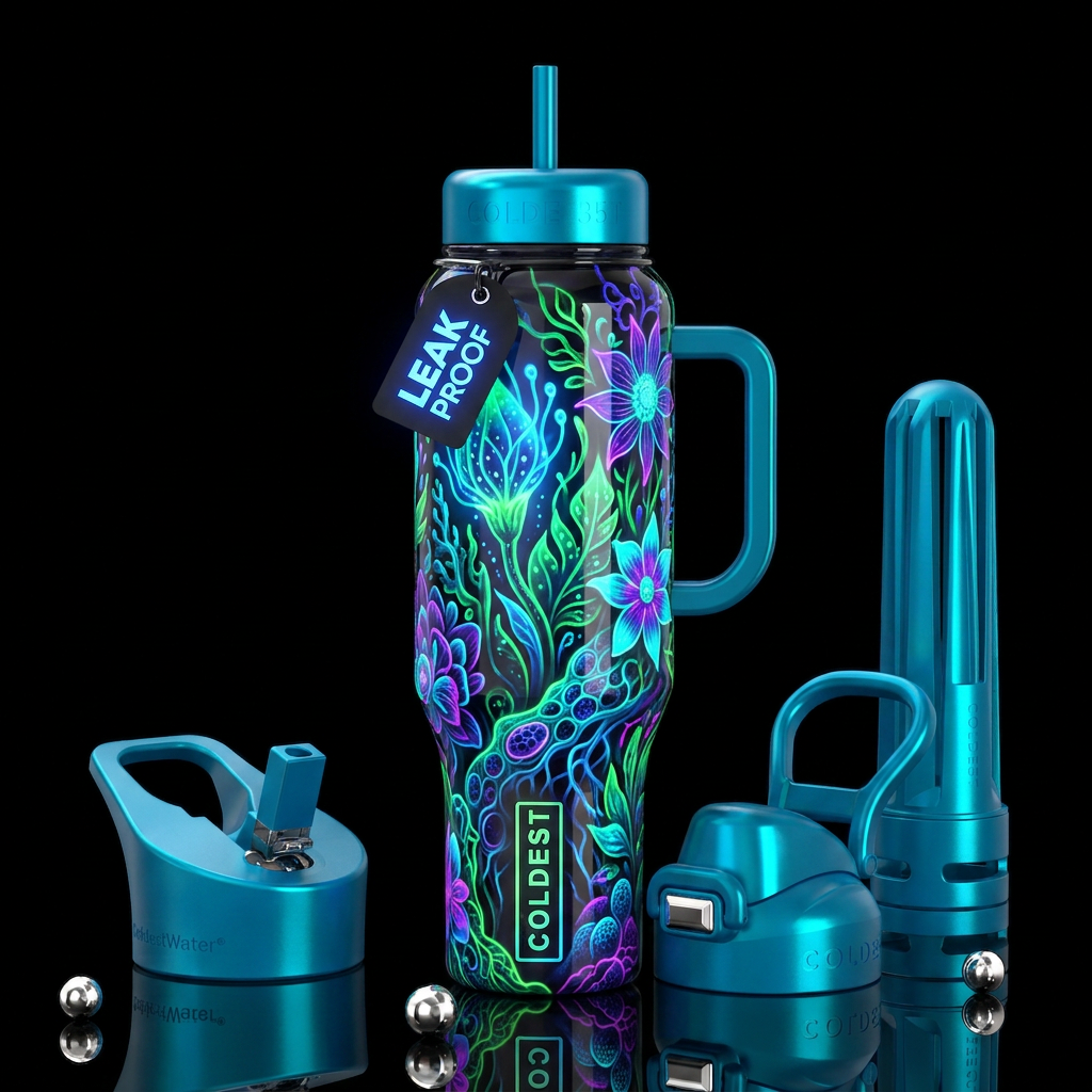 , glossy, trompe-l'œil, beautiferous, ,neon garden... water bottle design
