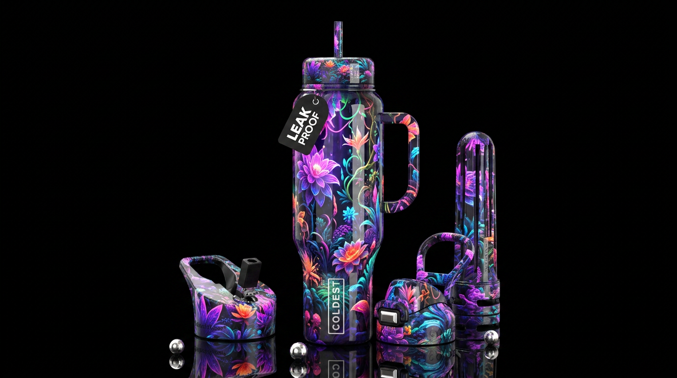 , glossy, trompe-l'œil, beautiferous, ,neon garden water bottle design