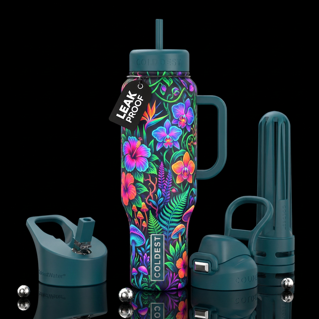 , glossy, trompe-l'œil, beautiferous, ,neon garden water bottle design