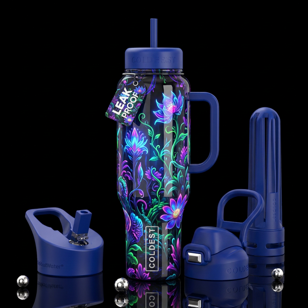 , glossy, trompe-l'œil, beautiferous, ,neon garden... water bottle design