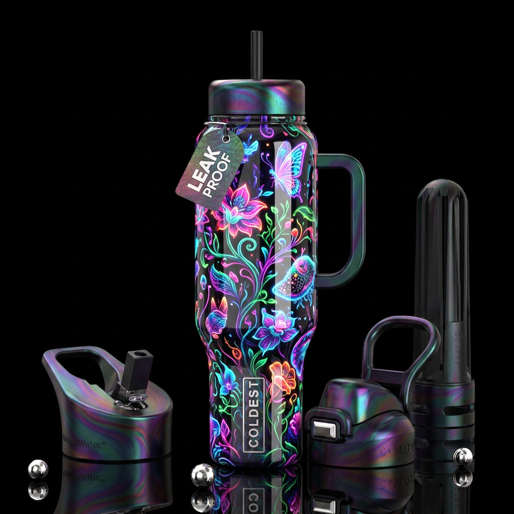 , glossy, trompe-l'œil, beautiferous, ,neon garden... water bottle design