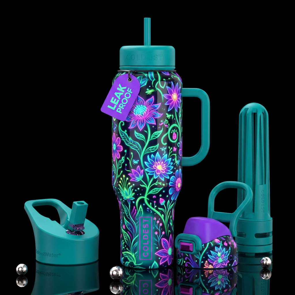 , glossy, trompe-l'œil, beautiferous, ,neon garden... water bottle design