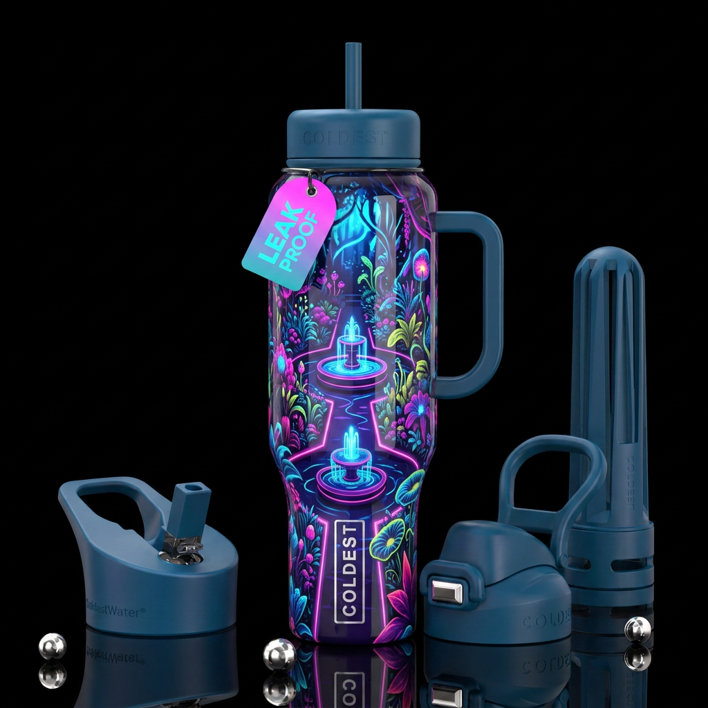 , glossy, trompe-l'œil, beautiferous, ,neon garden... water bottle design