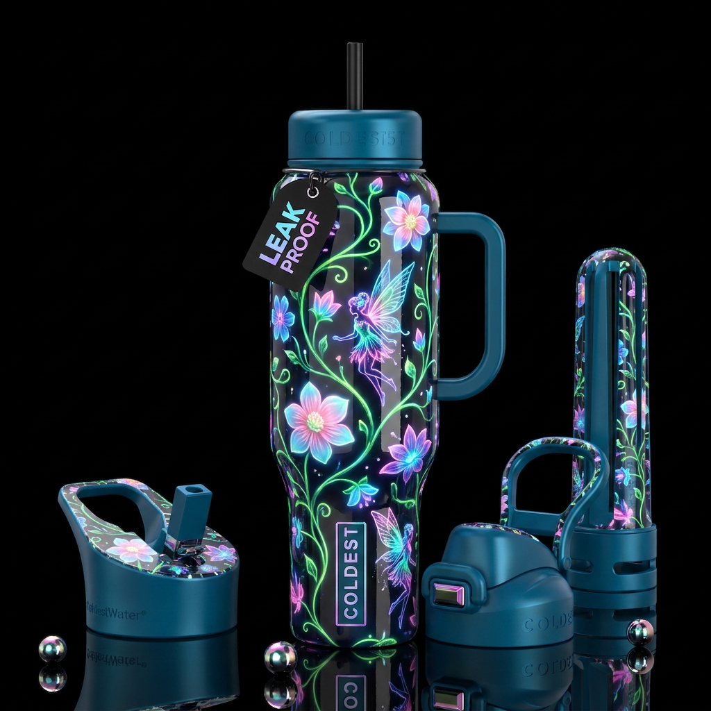 , glossy, trompe-l'œil, beautiferous, ,neon garden... water bottle design