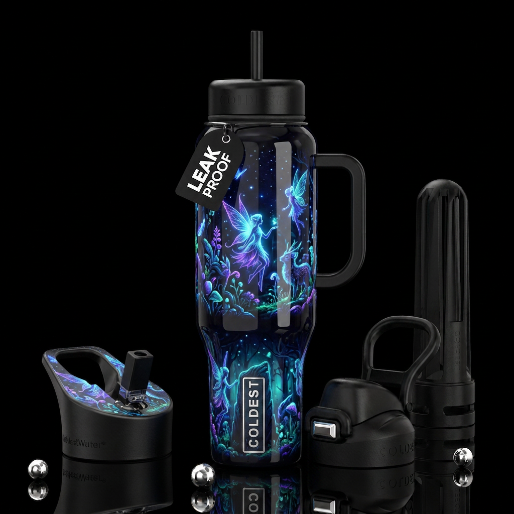 , glossy, trompe-l'œil, beautiferous, ,neon garden... water bottle design