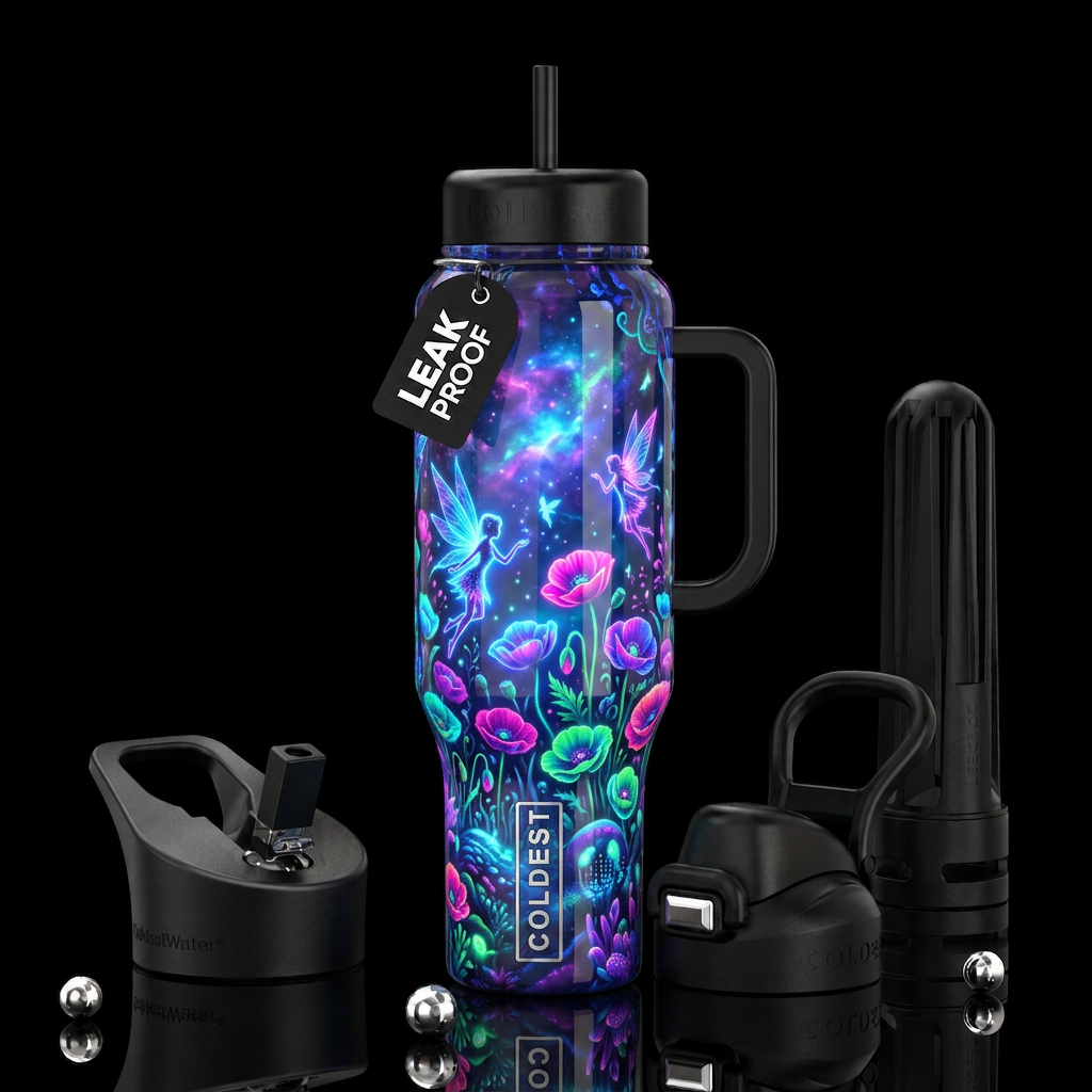 , glossy, trompe-l'œil, beautiferous, ,neon garden... water bottle design