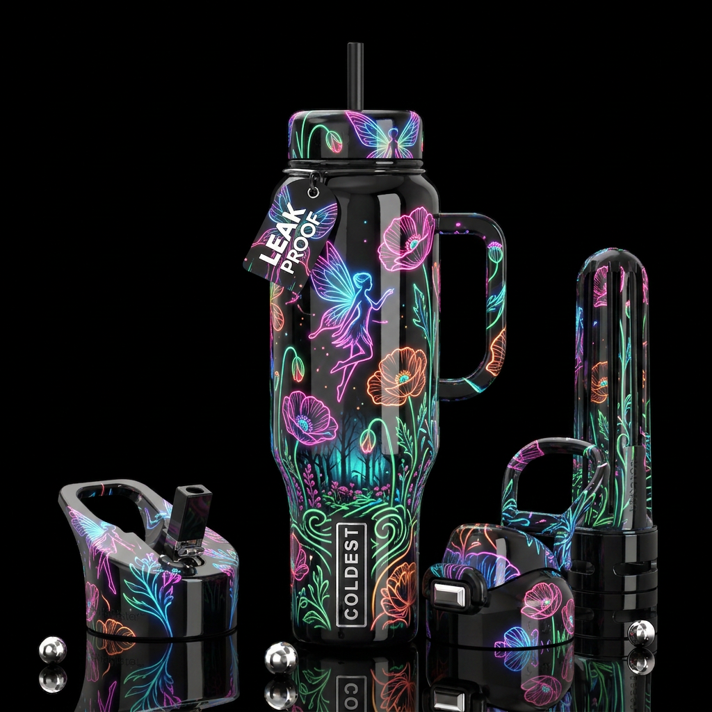 , glossy, trompe-l'œil, beautiferous, ,neon garden... water bottle design