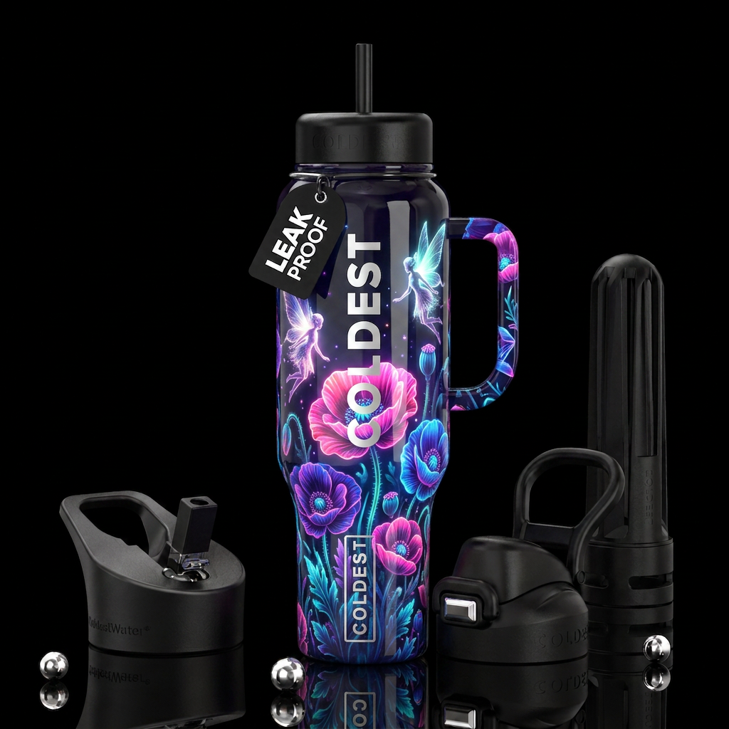 , glossy, trompe-l'œil, beautiferous, ,neon garden... water bottle design