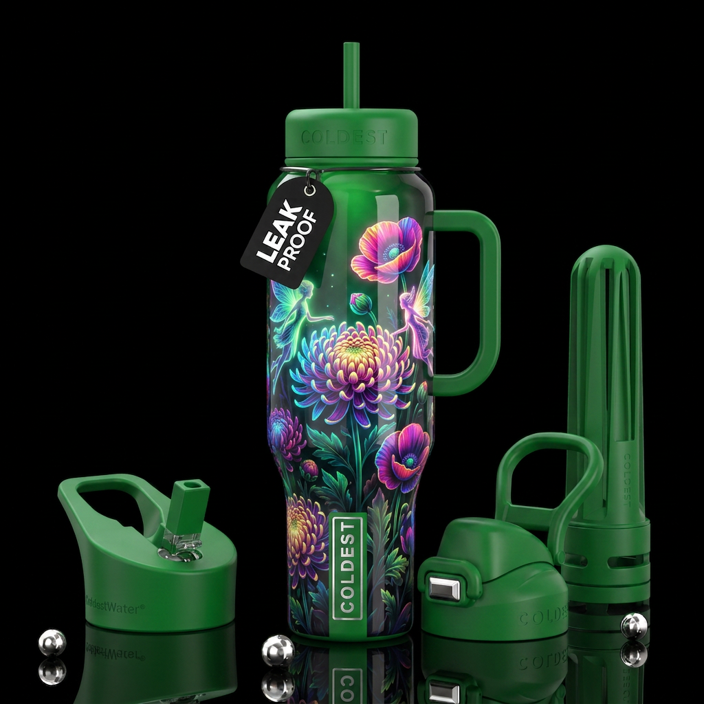 , glossy, trompe-l'œil, beautiferous, ,neon garden... water bottle design