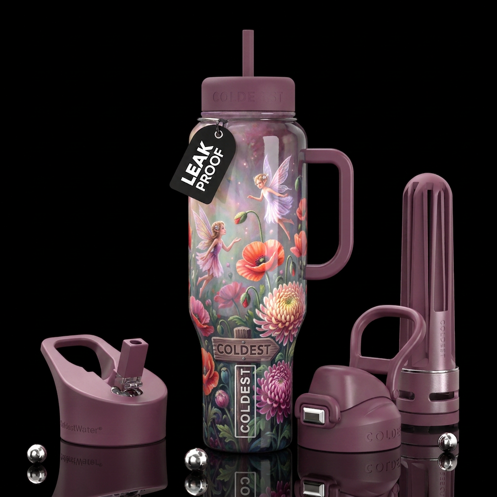 , glossy, trompe-l'œil, beautiferous, ,neon garden... water bottle design