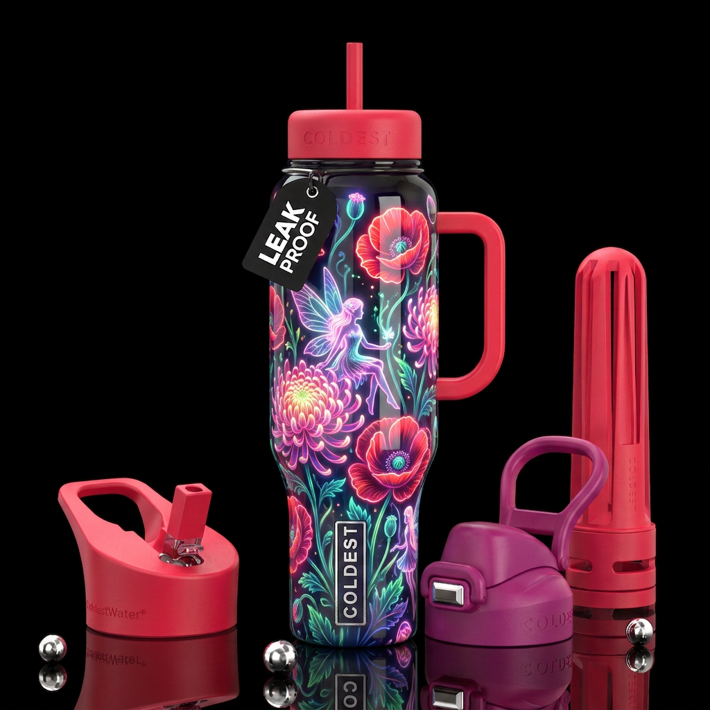 , glossy, trompe-l'œil, beautiferous, ,neon garden... water bottle design