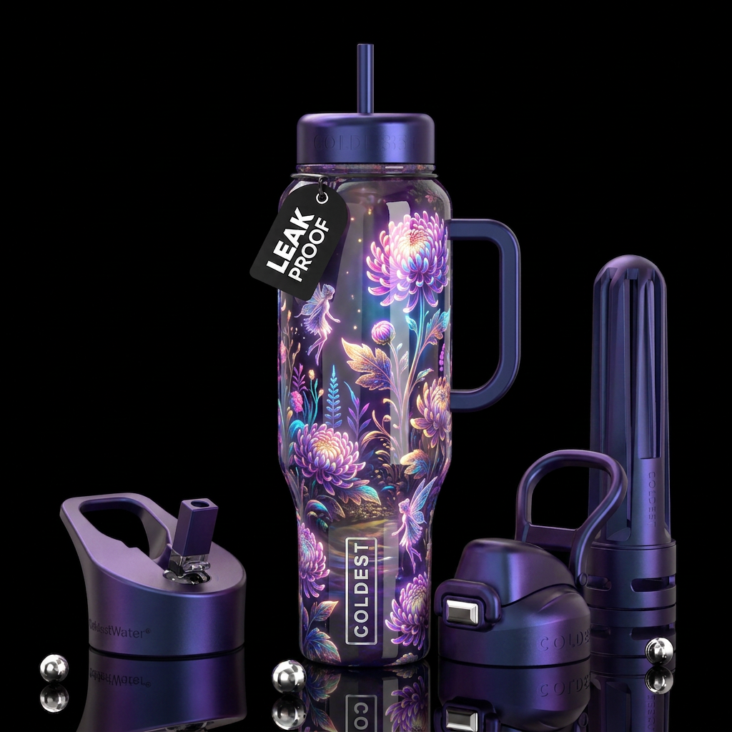 , glossy, trompe-l'œil, beautiferous, ,neon garden... water bottle design