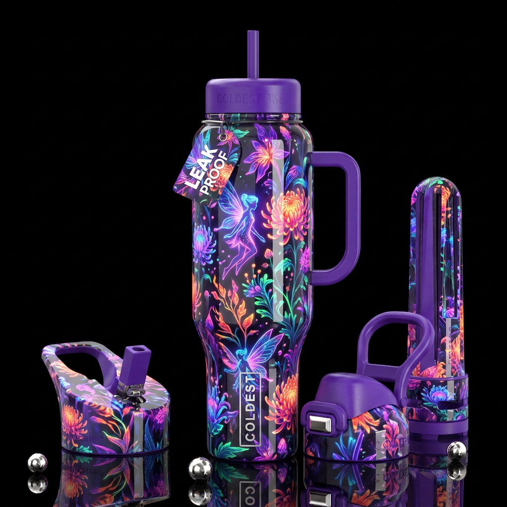 , glossy, trompe-l'œil, beautiferous, ,neon garden... water bottle design