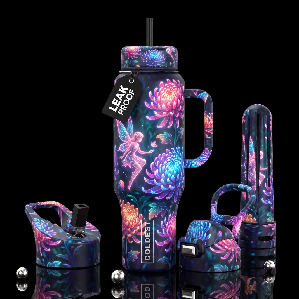 , glossy, trompe-l'œil, beautiferous, ,neon garden... water bottle design