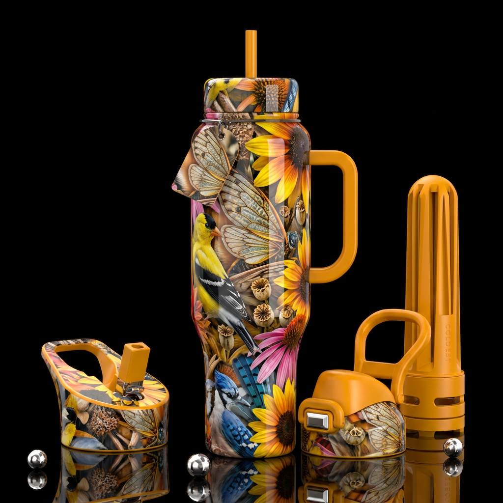 The sounds of summer, glossy, trompe-l'œil, beauti... water bottle design