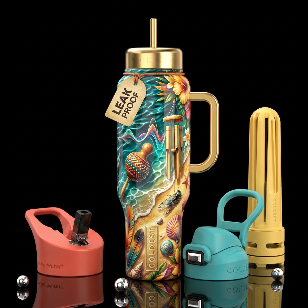 The sounds of summer, glossy, trompe-l'œil, beauti... water bottle design