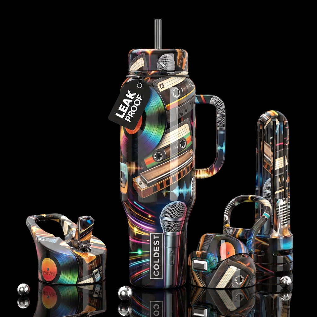The sounds of summer, glossy, trompe-l'œil, beauti... water bottle design