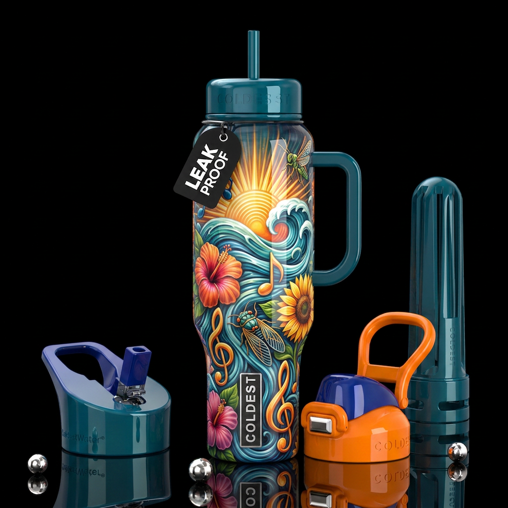 The sounds of summer, glossy, trompe-l'œil, beauti... water bottle design