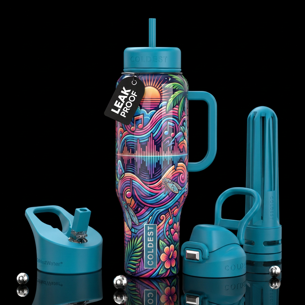 The sounds of summer, glossy, trompe-l'œil, beauti... water bottle design