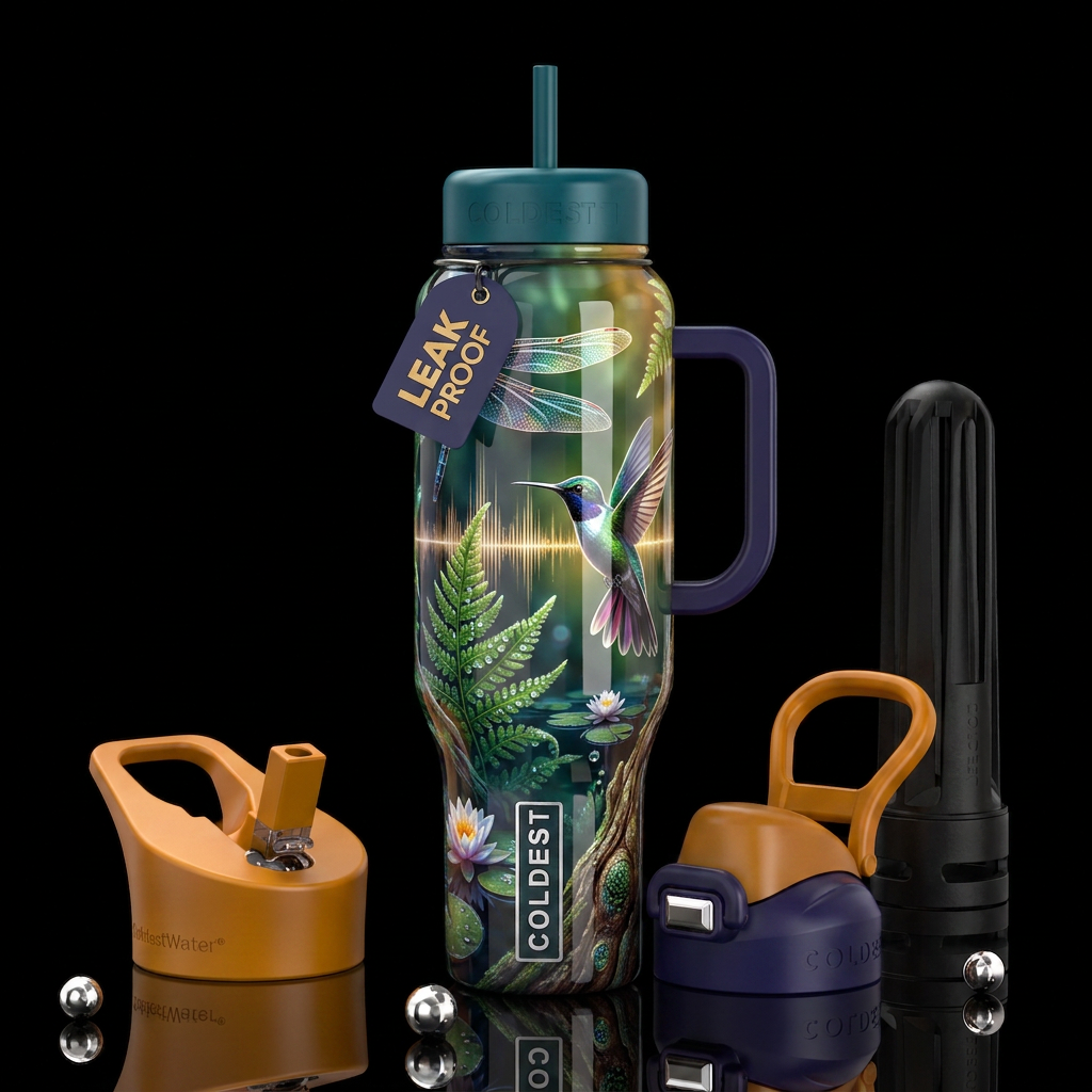 The sounds of summer, glossy, trompe-l'œil, beauti... water bottle design