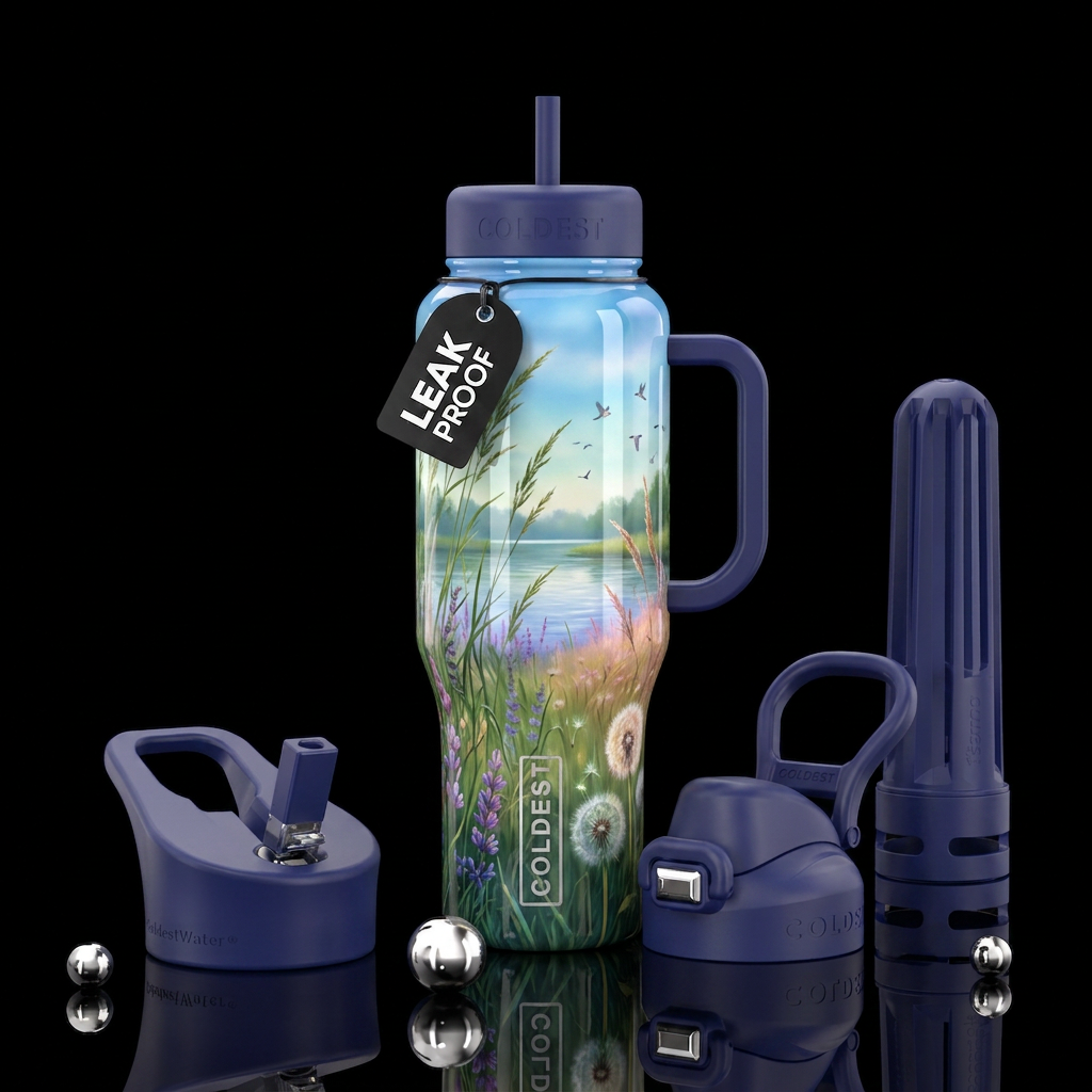 The tranquility sounds of summer,glossy, trompe-l'... water bottle design
