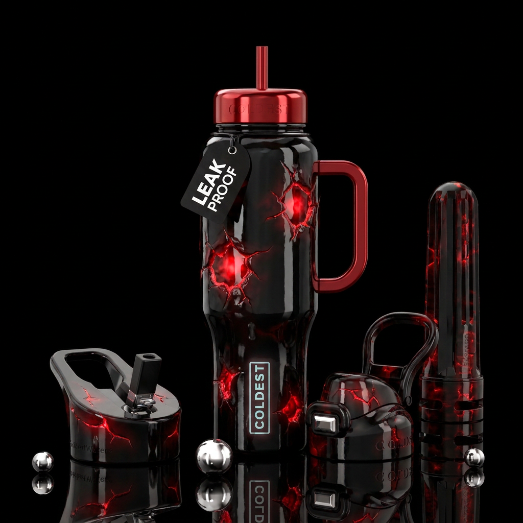 Black with otherworldly red glow in different part... water bottle design